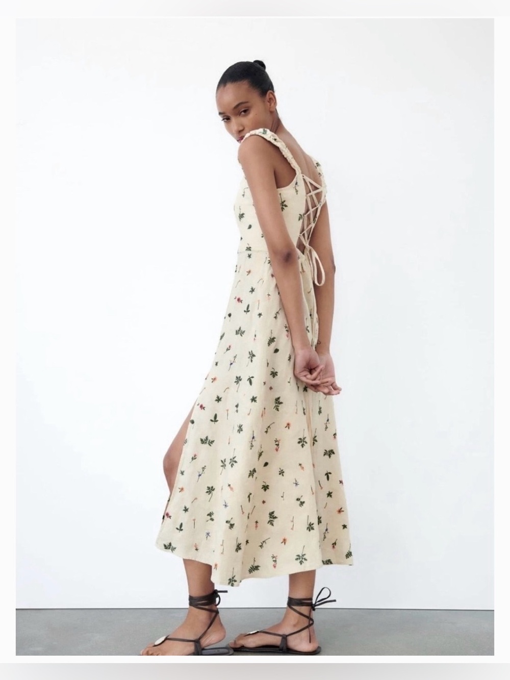 Zara Linen Floral Embroidered Dress